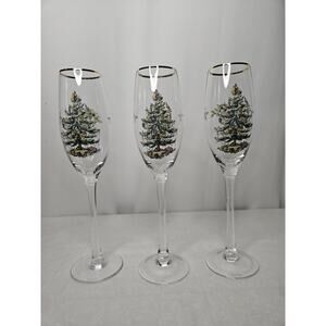 Spode Christmas Tree Champagne Flutes with Gold Rim 8" T - 5.75 oz Set Of 3